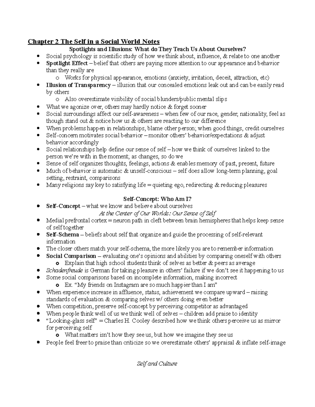 Chapter 2 Notes: Understanding the Self in a Social World - Studocu