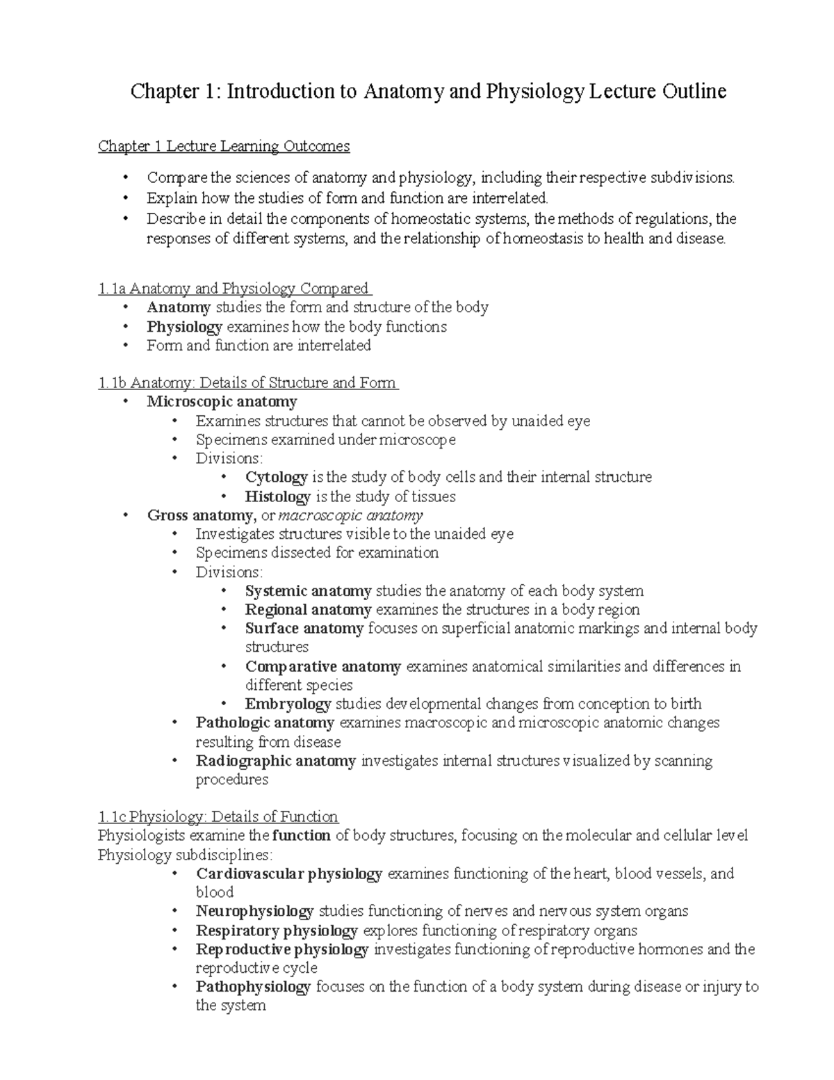 Chapter 1: Introduction to Anatomy and Physiology Lecture Outline - Studocu