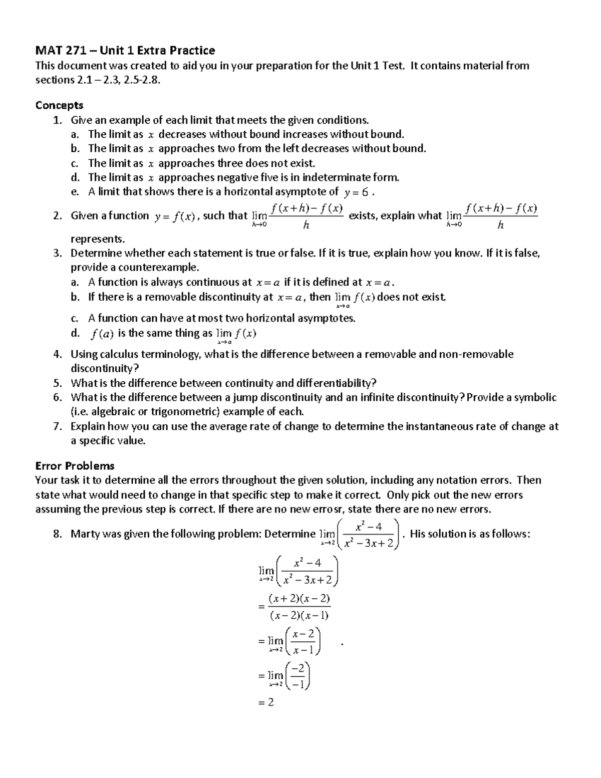 MAT271-Unit 1 Extra Practice for Test Preparation - Studocu