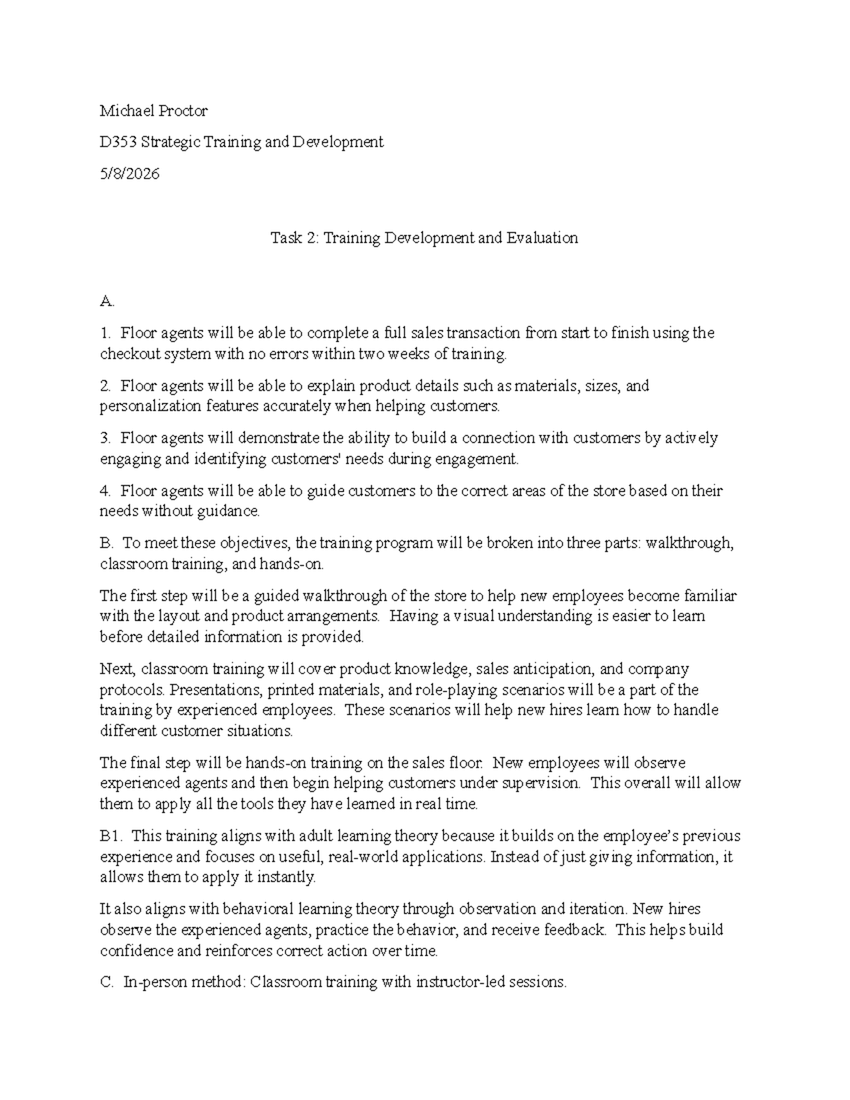 D353 Strategic Training & Development: Task 2 Training Development ...