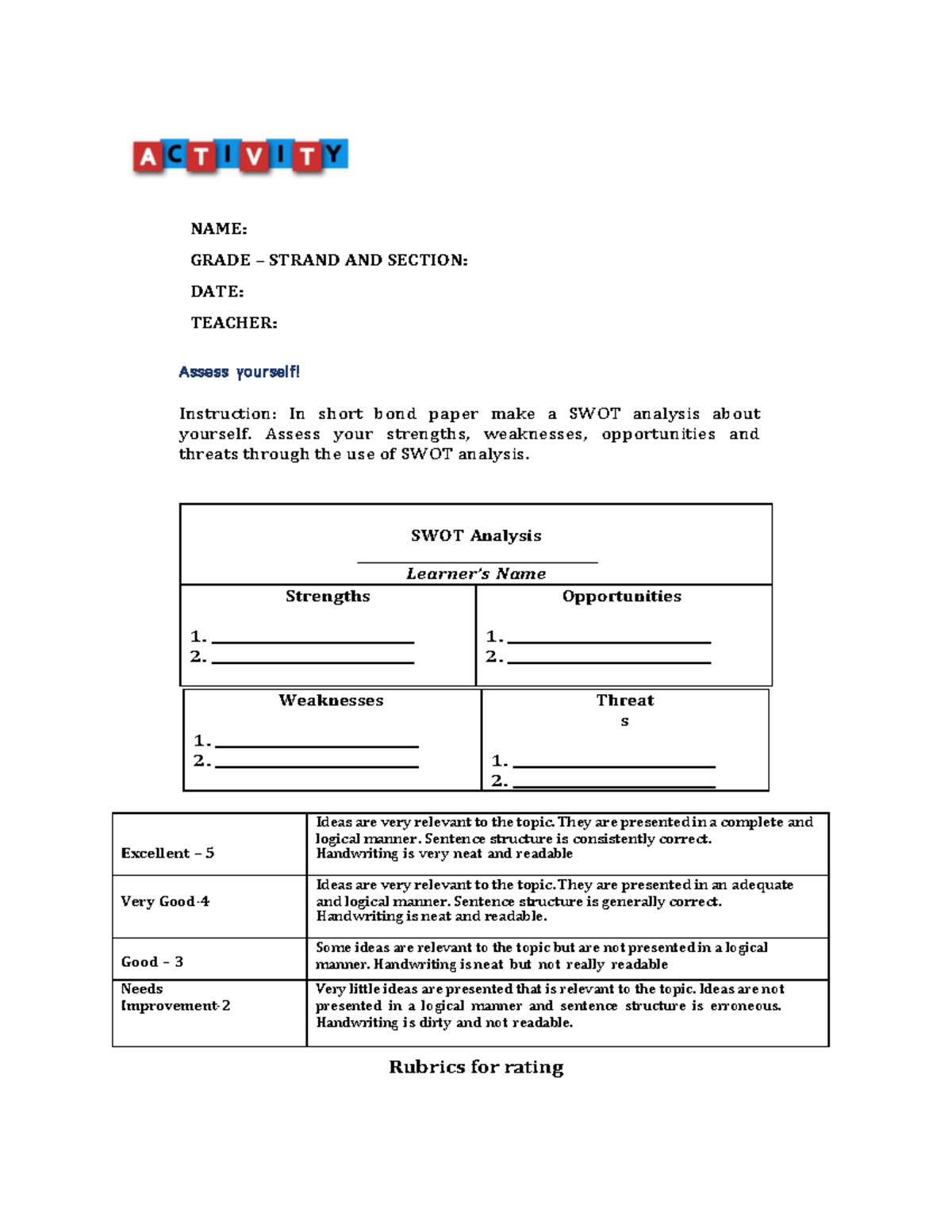 1Q W3 - Activity 3: Personal SWOT Analysis Guide - Studocu