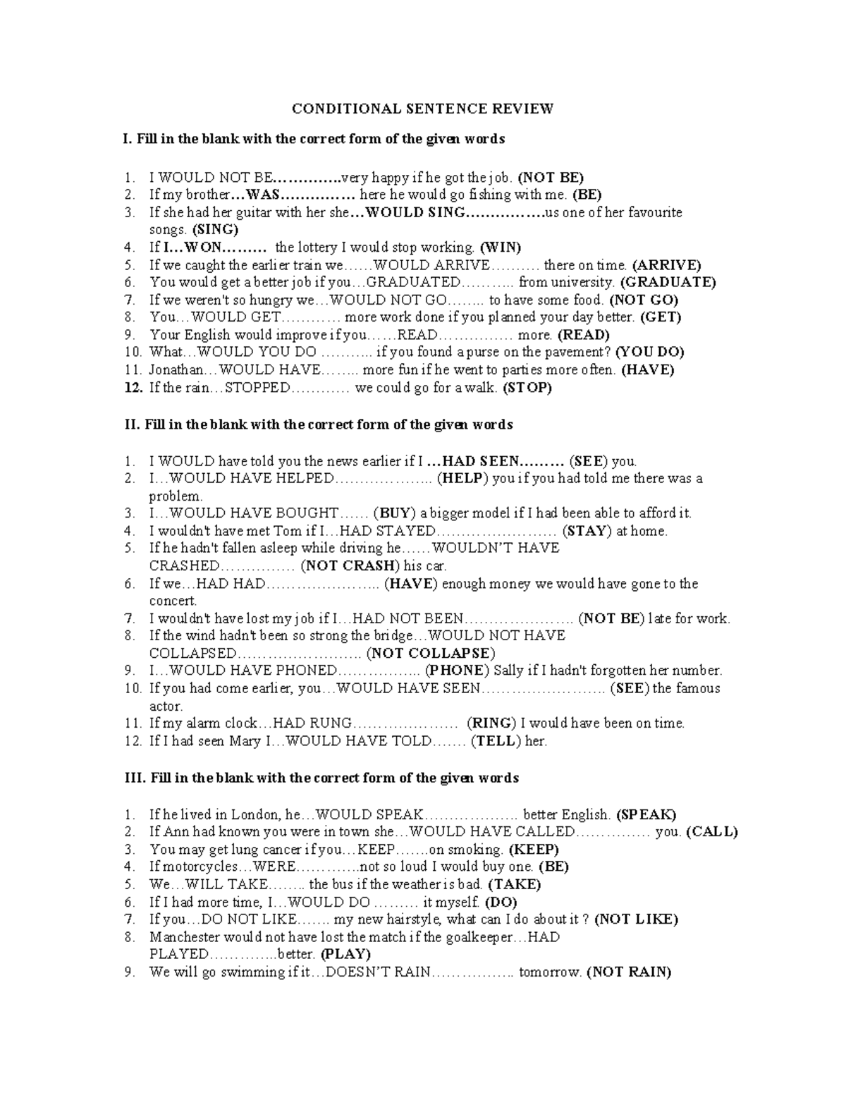 Conditional Sentence Review: Practice Exercises and Answers - Studocu