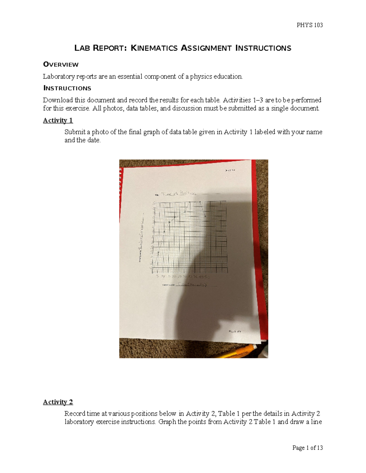 PHYS 103 Lab Report: Kinematics Assignment Overview and Instructions ...