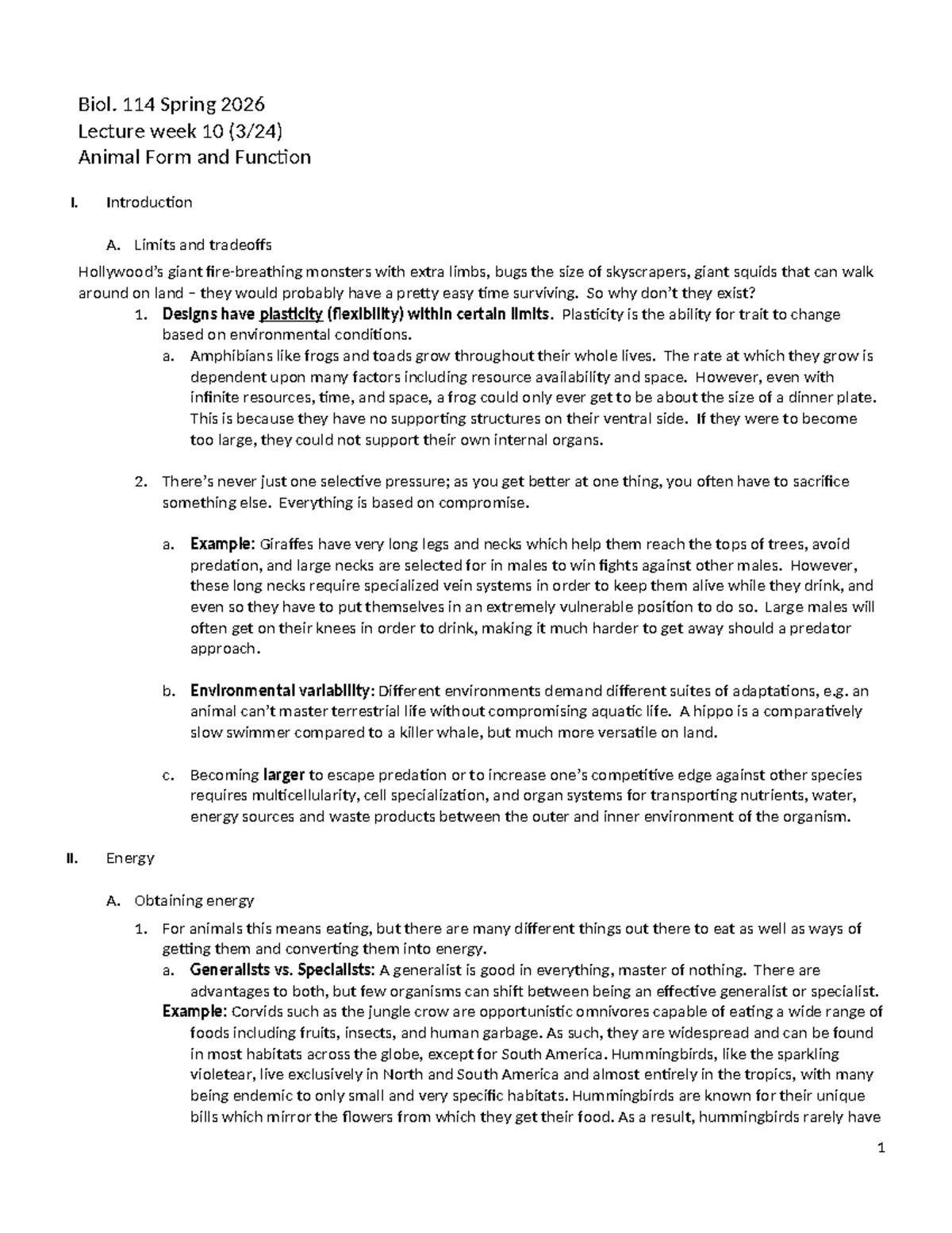 Biol. 114 Spring 2026 Lecture Week 10: Animal Form & Function Notes ...