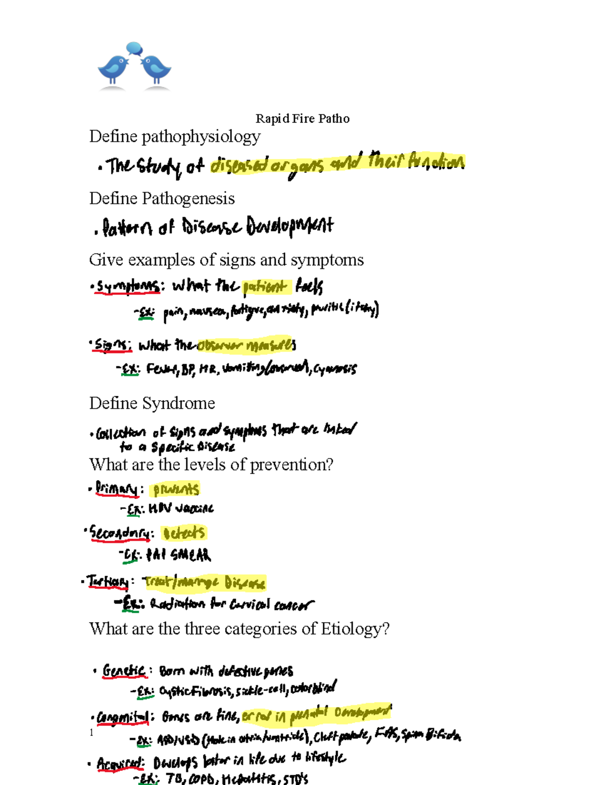 Total Review for Exam 1 - practice for exam 1 - Rapid Fire Patho Define ...