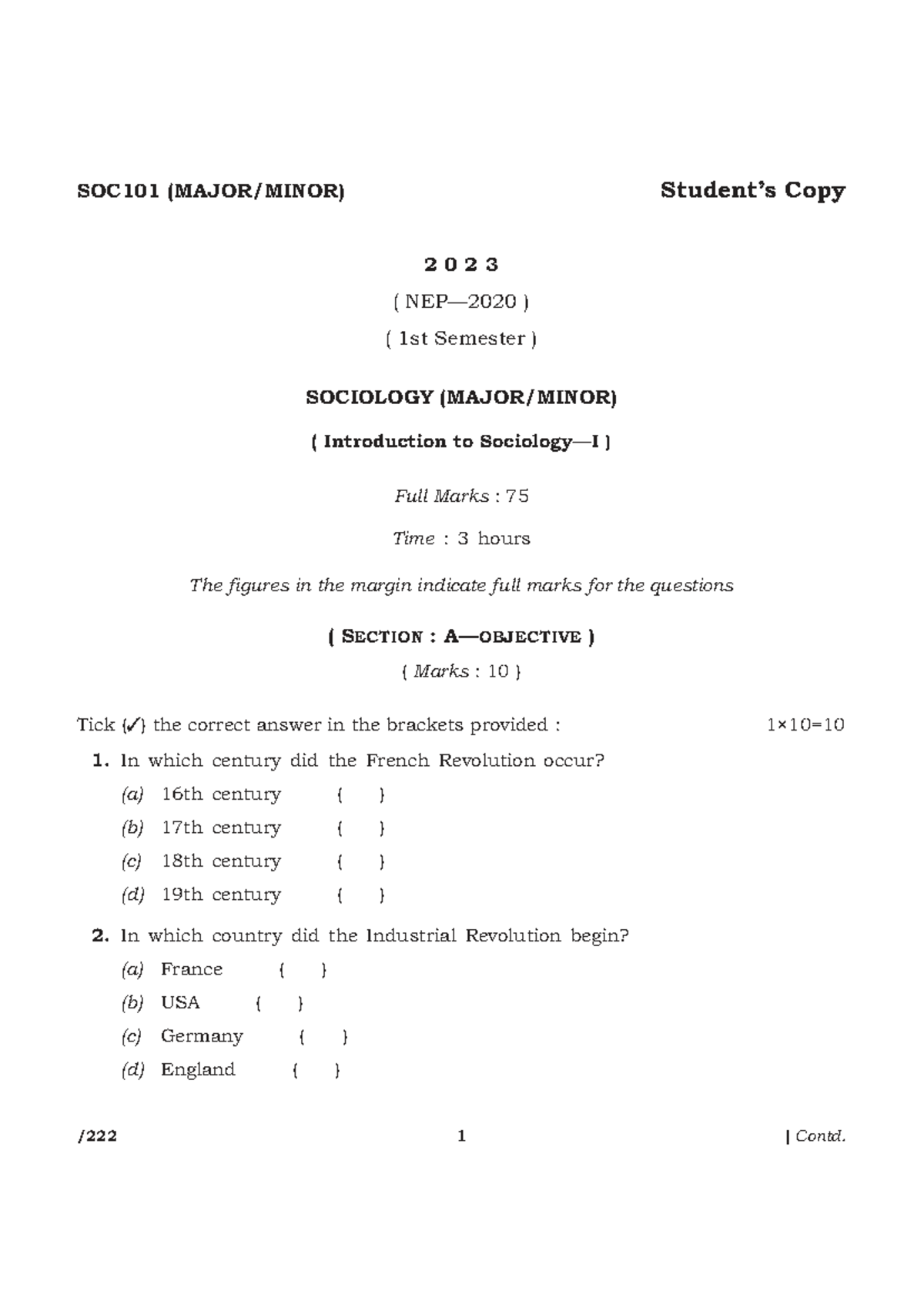 SOC101 2023 - Minor Exam Questions on Introduction to Sociology - Studocu