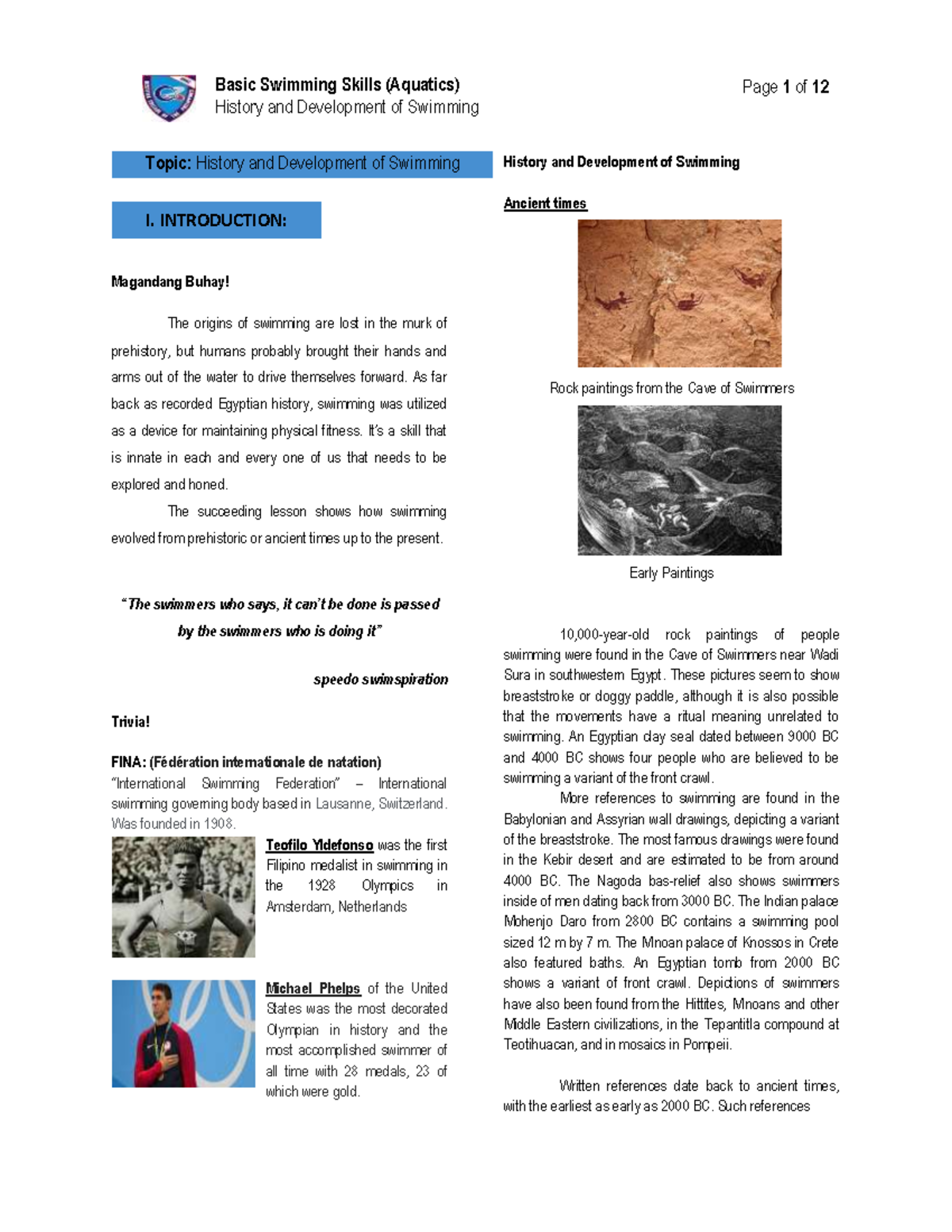 PE4-1 - Lecture Notes on the History and Development of Swimming - Studocu