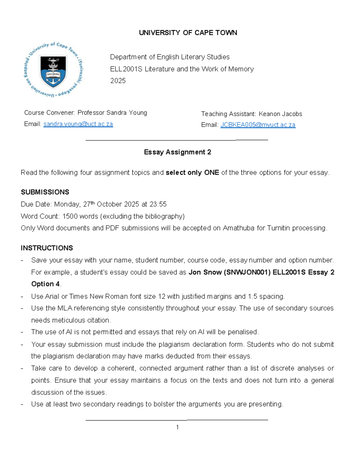 ELL2001S Essay Assignment 2: Literature and Memory Topics - Studocu
