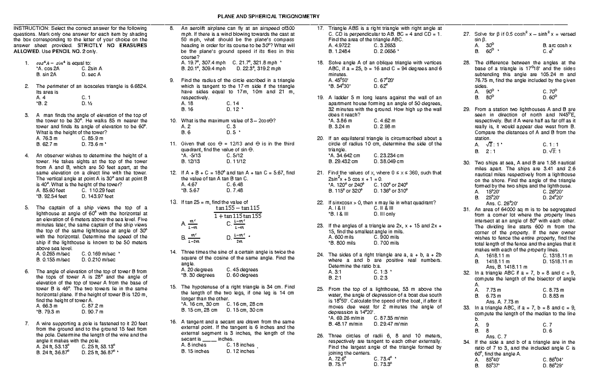 Math03 - Plane and Spherical Trigonometry Practice Problems - Studocu