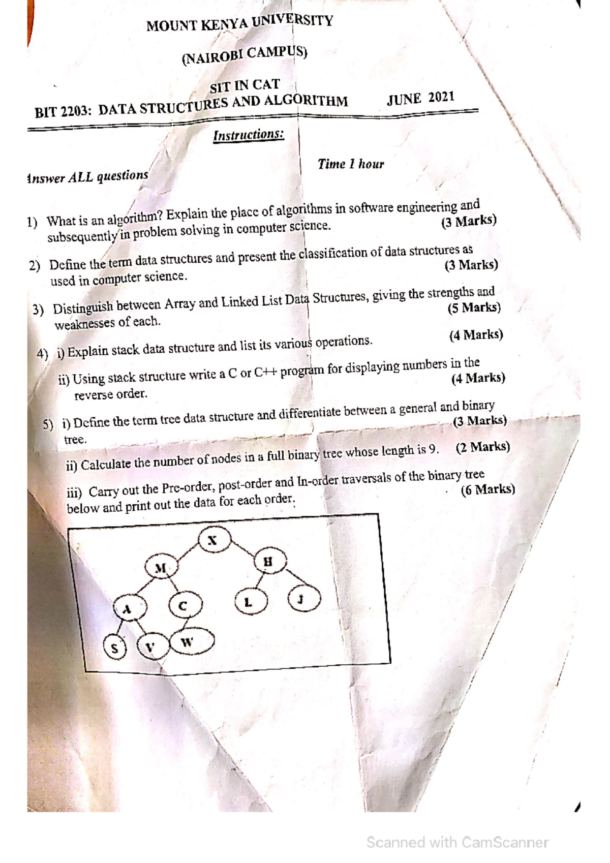 DATA Structure AND Algorithim CAT 1 - Bachelors of Science in ...