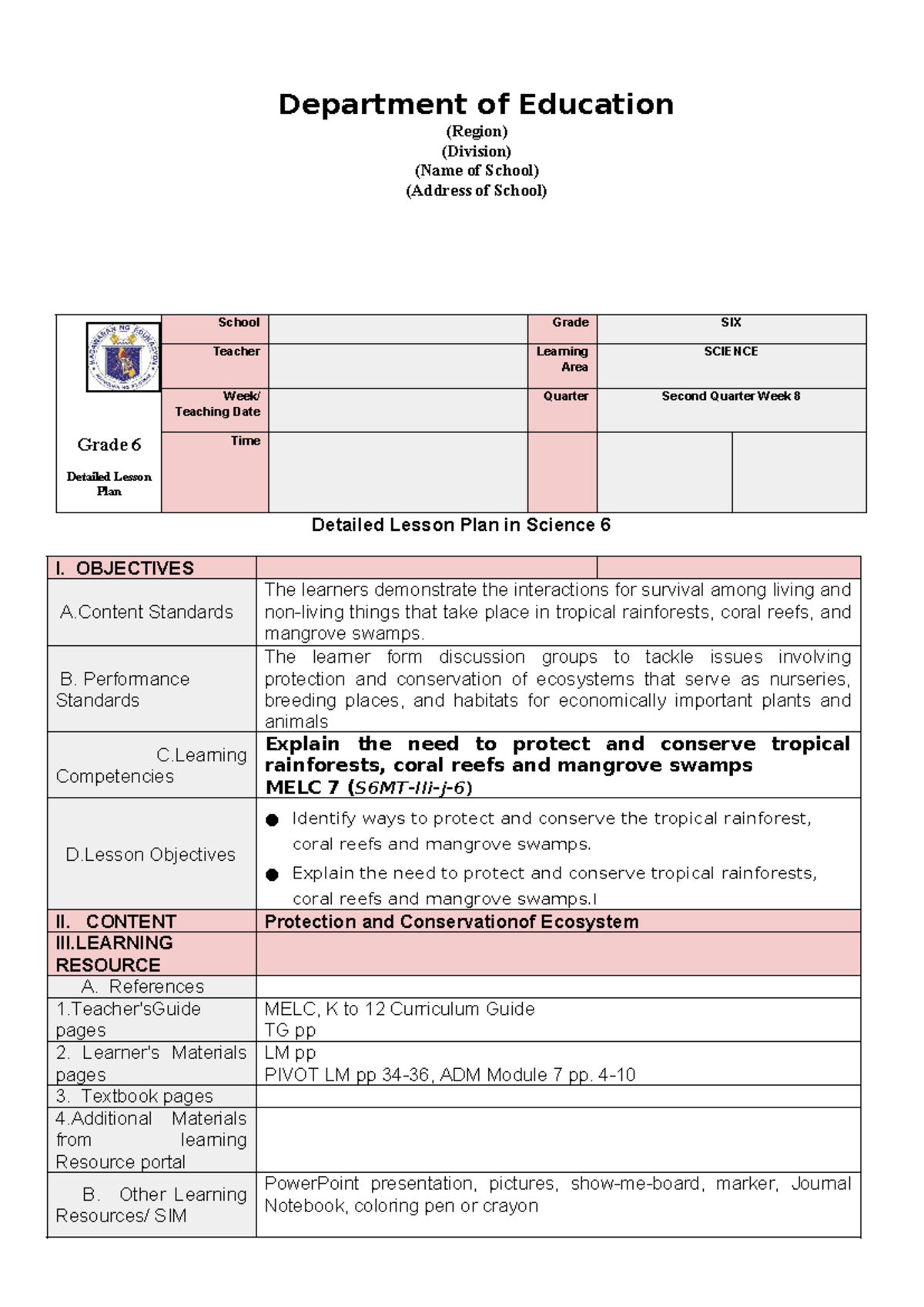 Detailed Lesson Plan for Grade 6 Science: Ecosystem Conservation - Studocu