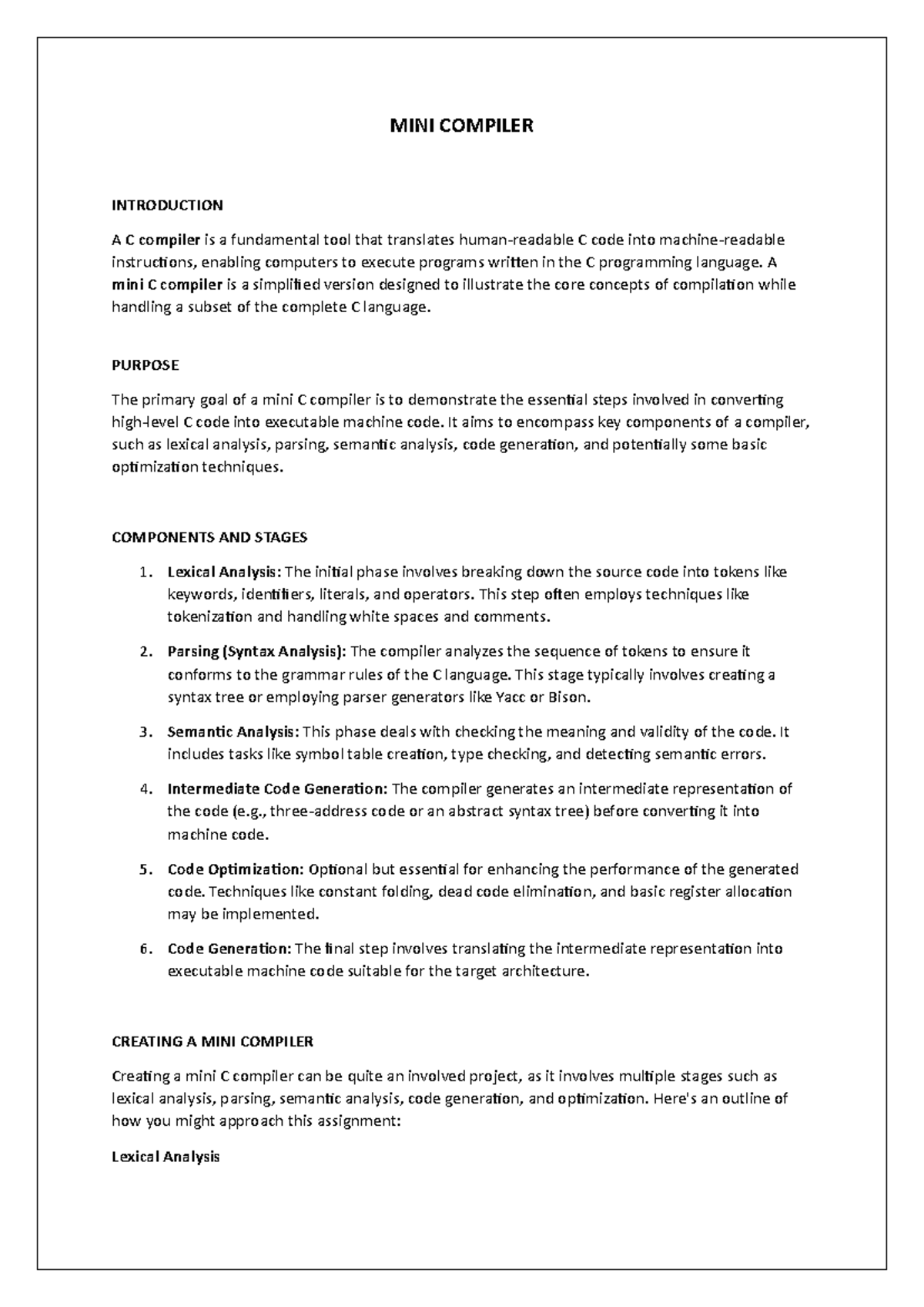 MINI Compiler - MINI COMPILER INTRODUCTION A C compiler is a ...