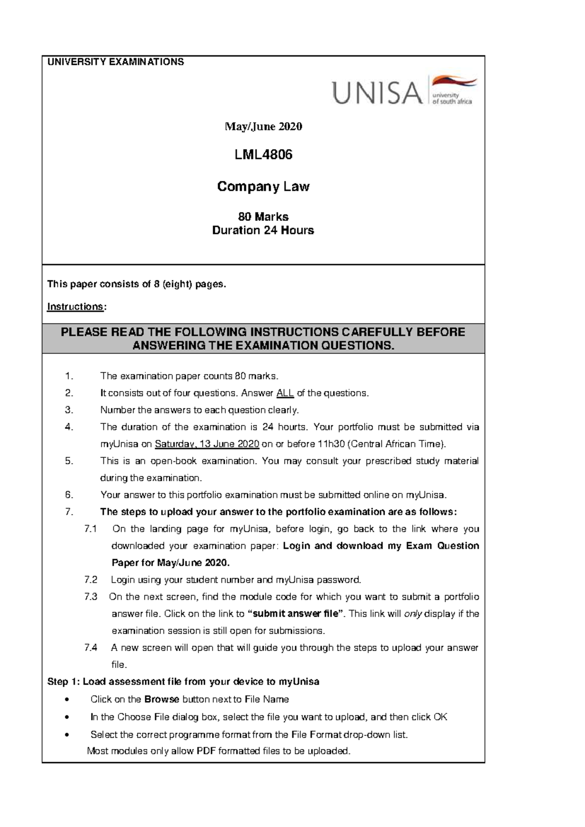 LML4806 Company Law Final Exam Questions and Submission Guidelines 2020 ...