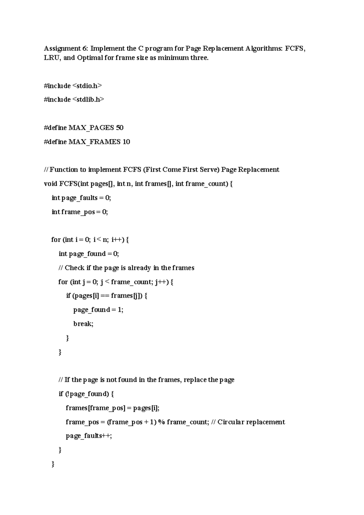 Assignment 6: C Program for Page Replacement Algorithms (FCFS, LRU ...
