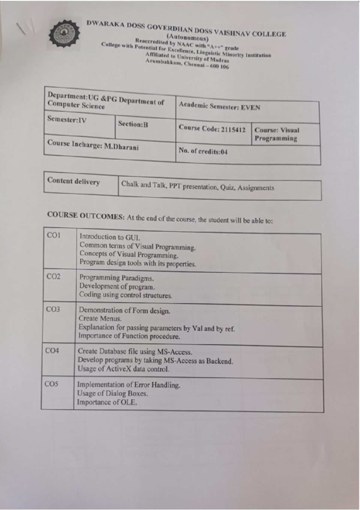 2115412 Visual Programming Course Notes - DWARAKA DOSS COLLEGE - Studocu