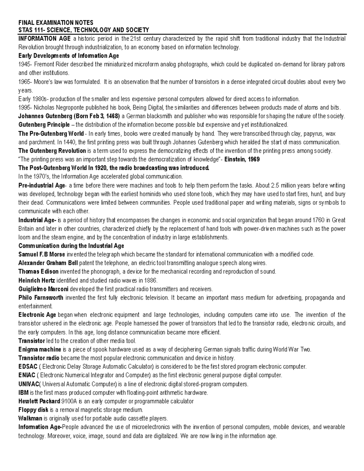 Final Exam Notes for STAS 111: Understanding the Information Age - Studocu