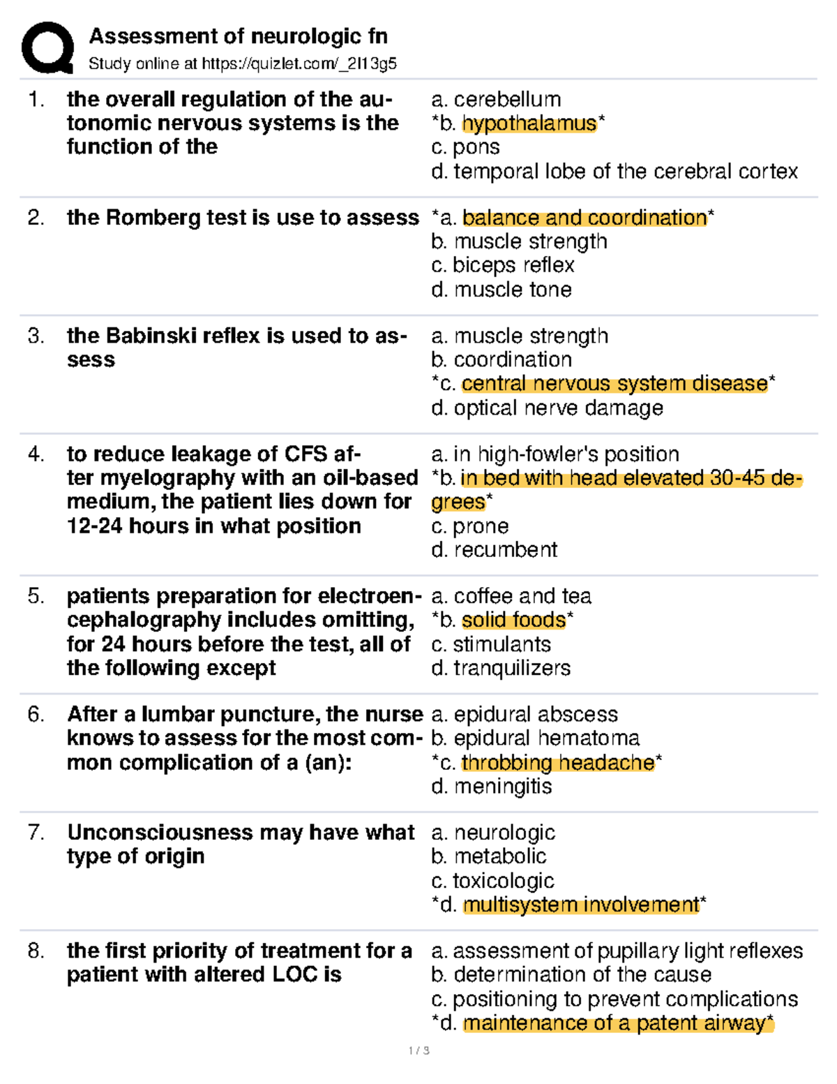 **Assessment of Neurologic Function - Quizlet Study Guide for NUR 301 ...