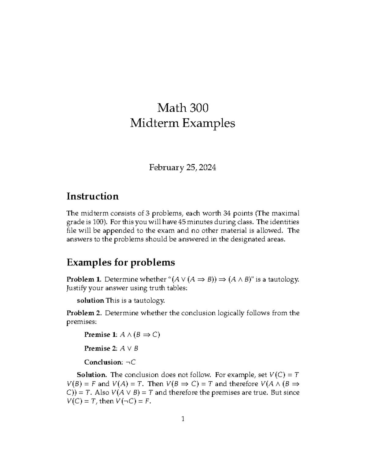 Math 300 Midterm Exam Examples & Solutions - Feb 25, 2024 - Studocu