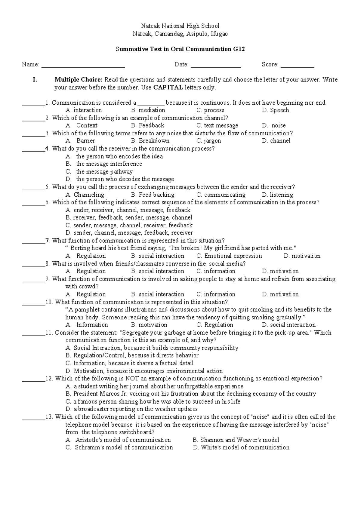 Summative Test in Oral Communication G12 - Answer Key & Questions - Studocu