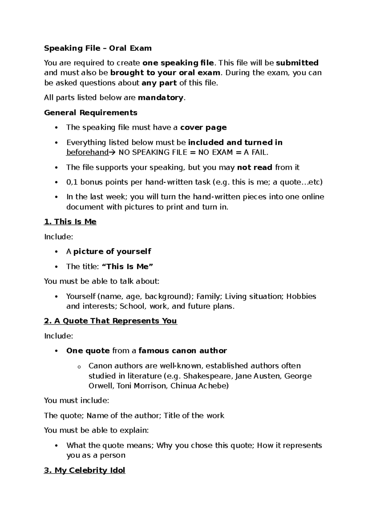 Speaking File Guidelines for Oral Exam Preparation - Studeersnel