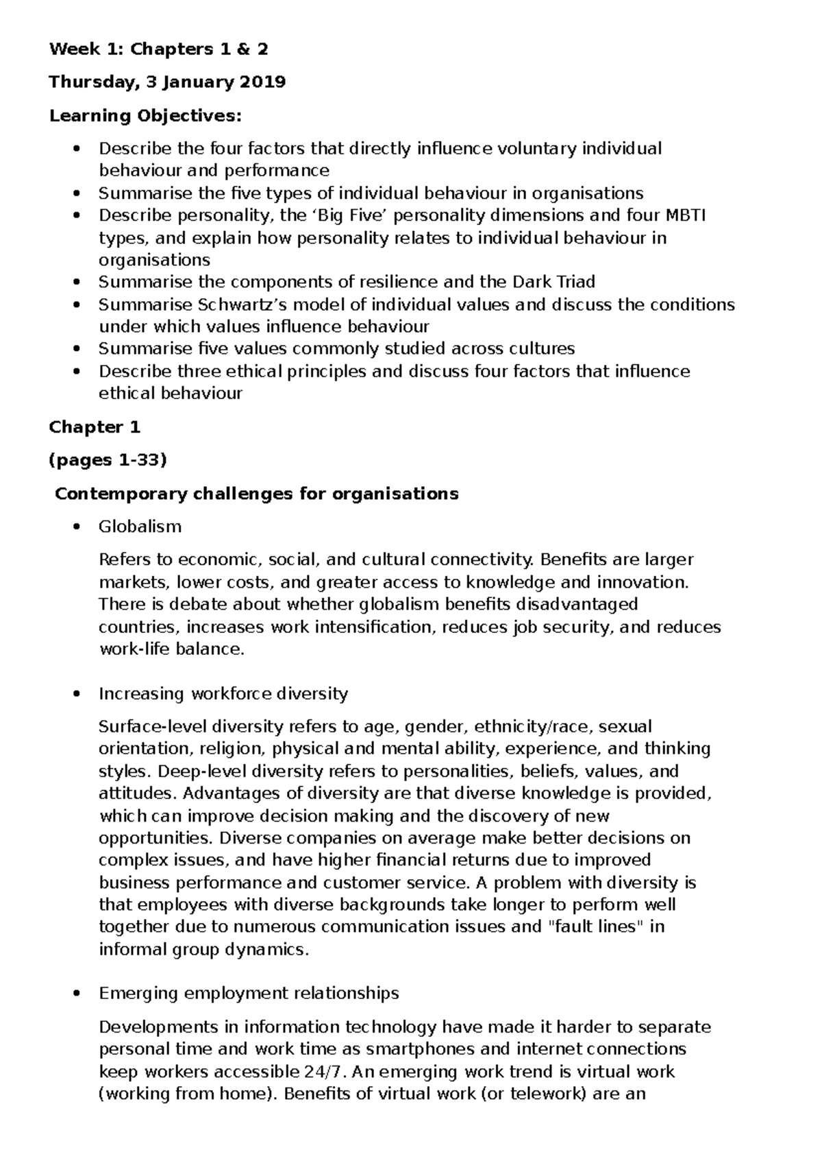 OB Week 1 & 2 - Lecture notes for weeks 1 and 2 - Week 1: Chapters 1 ...