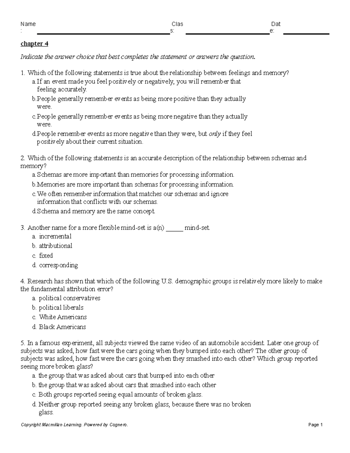 Chapter 4 - Memory and Feelings Practice Questions (Psych 101) - Studocu