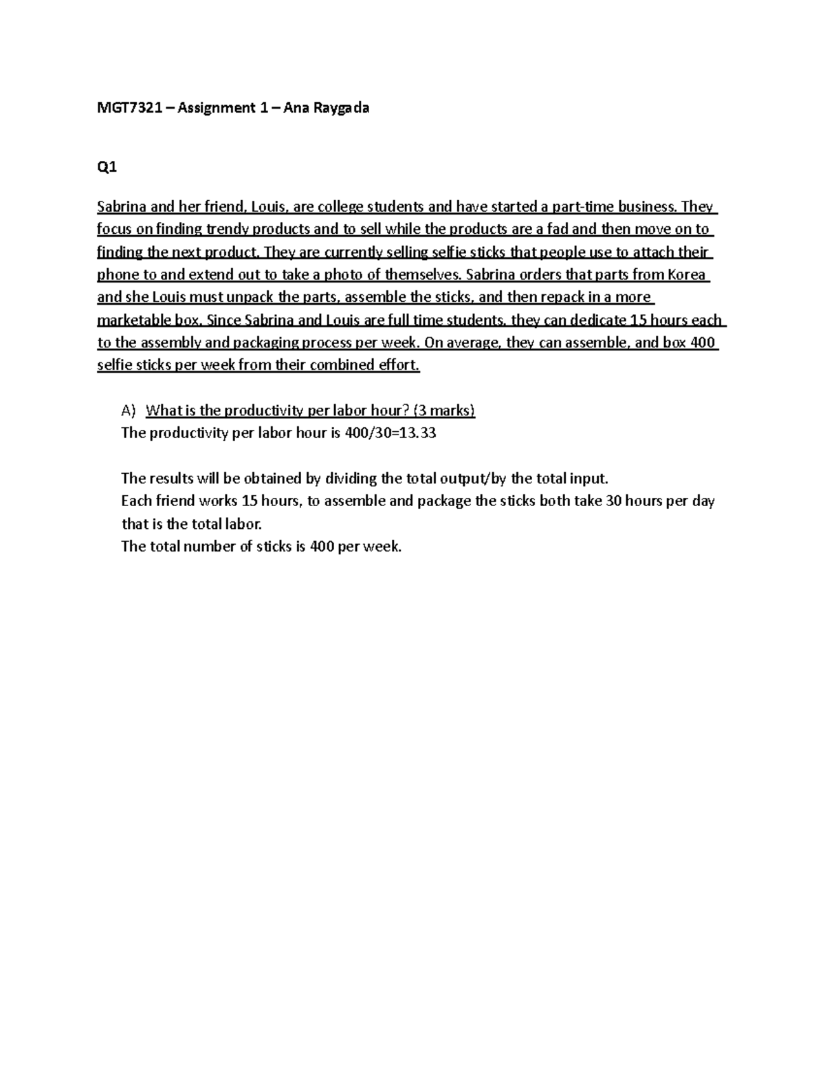 MGT7321 - Assignment 1 - MGT7321 – Assignment 1 – Ana Raygada Q Sabrina ...