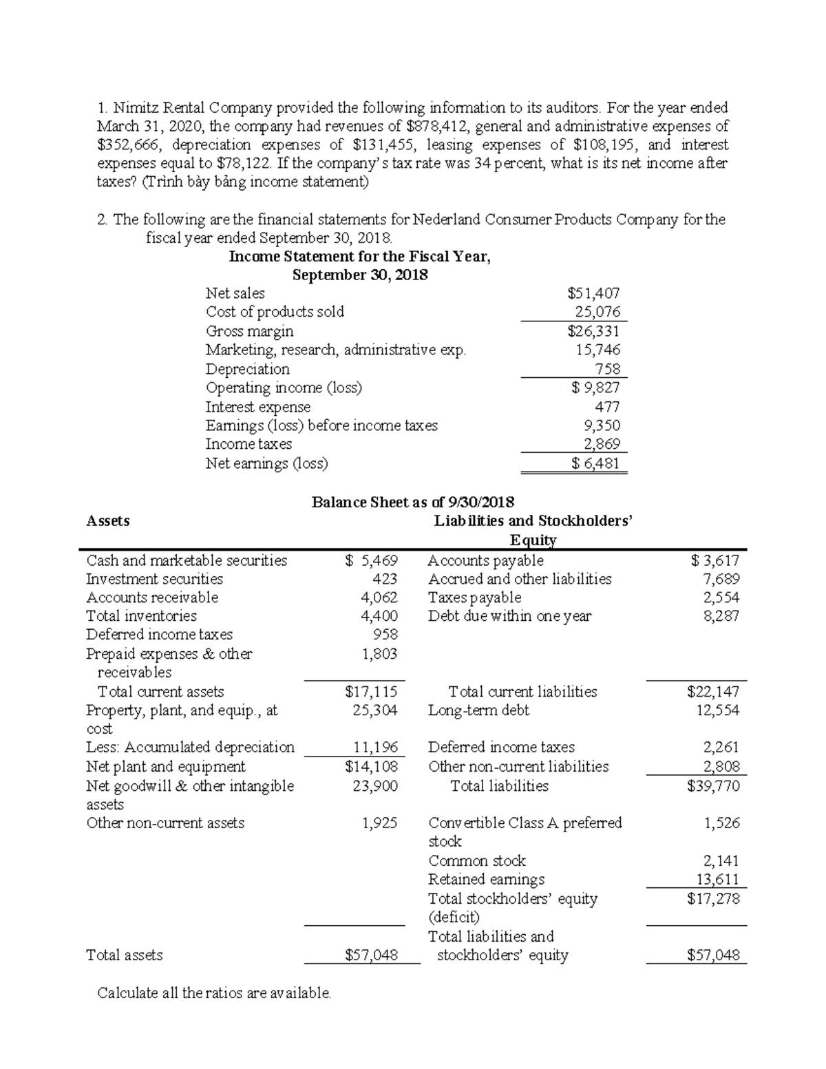 Financial Statement Analysis (FSA) Ex - Income Statement & Ratios - Studocu