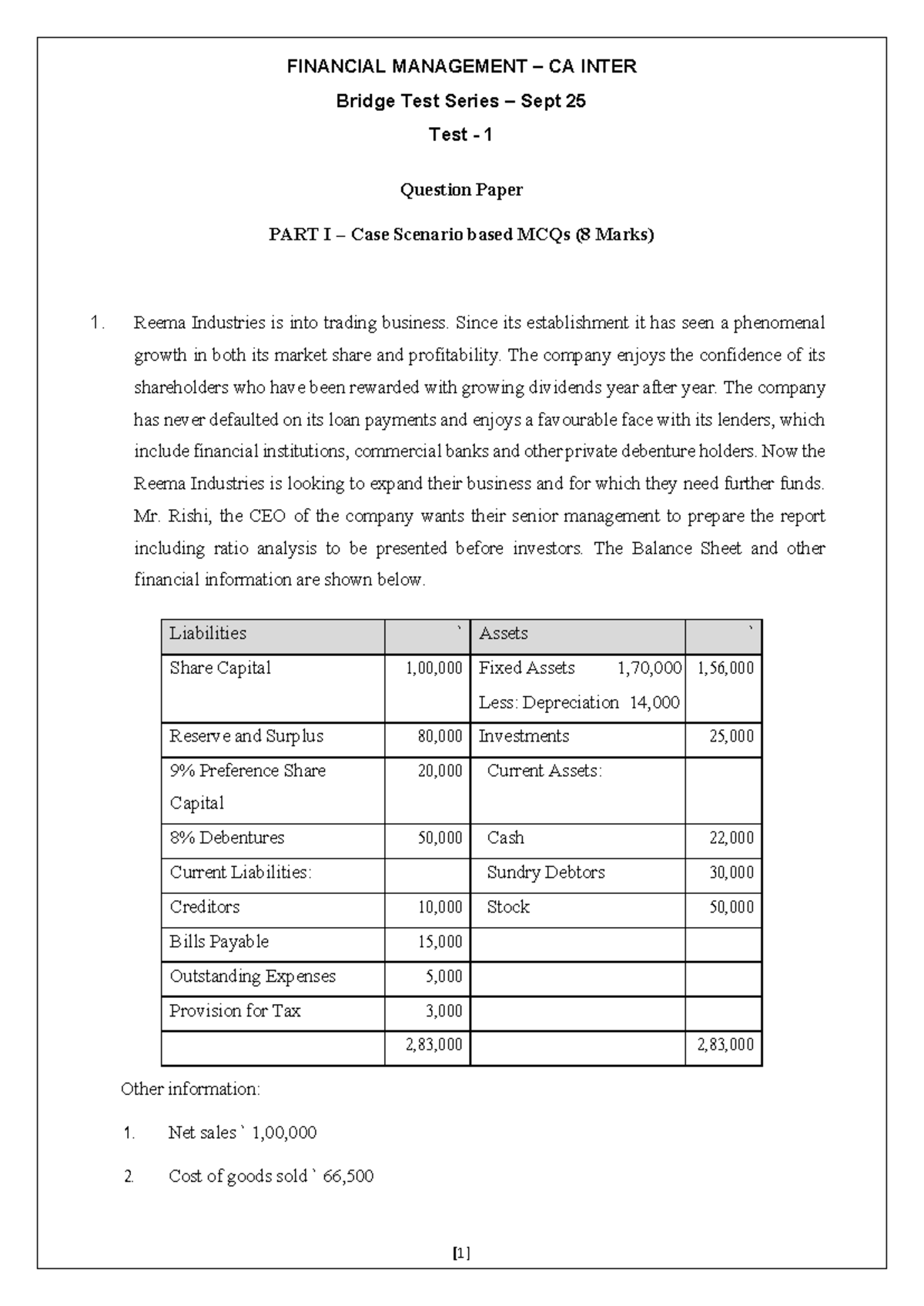 FM & SM CA INTER Bridge Test Series Sept 25 - Test 1 Question Paper ...