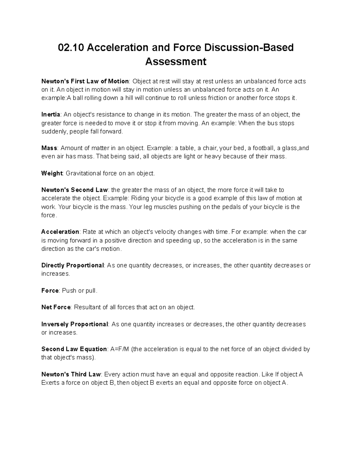 02.10 Acceleration and Force Discussion-Based Assessment Revised - Studocu