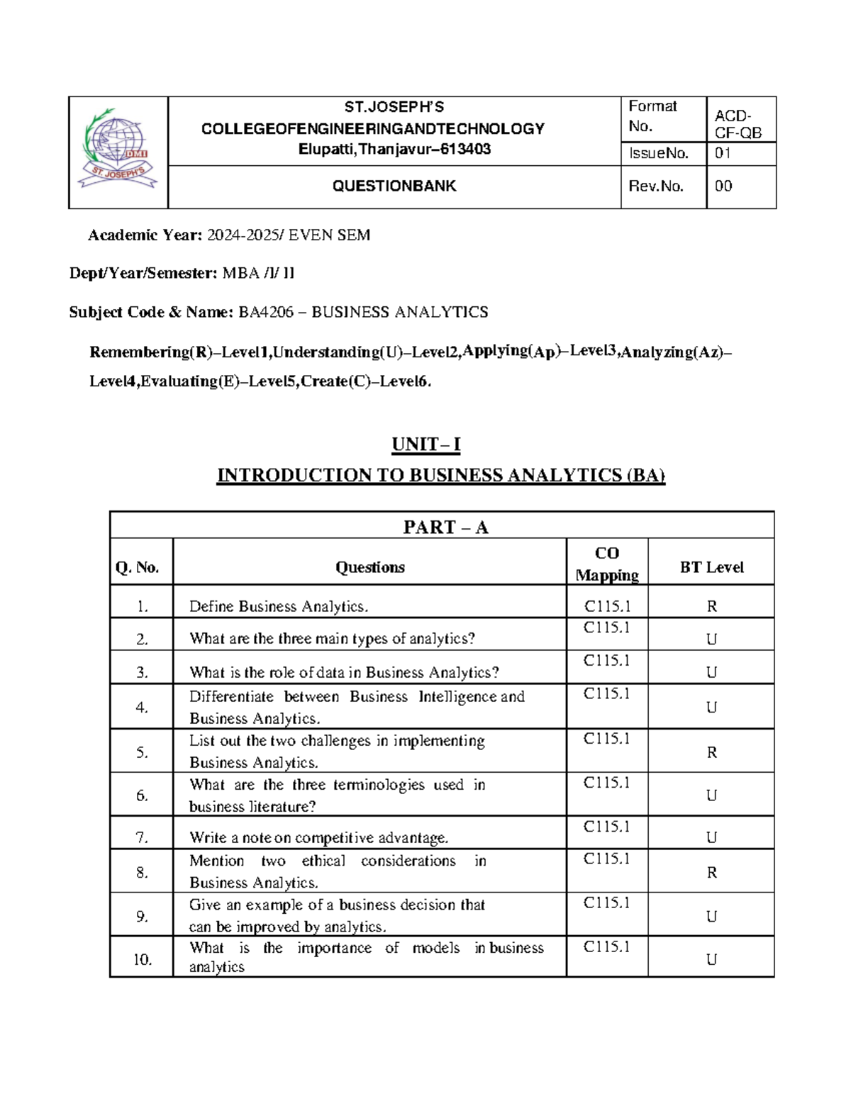 BA4206 Business Analytics Question Bank - Even Sem MBA II - Studocu