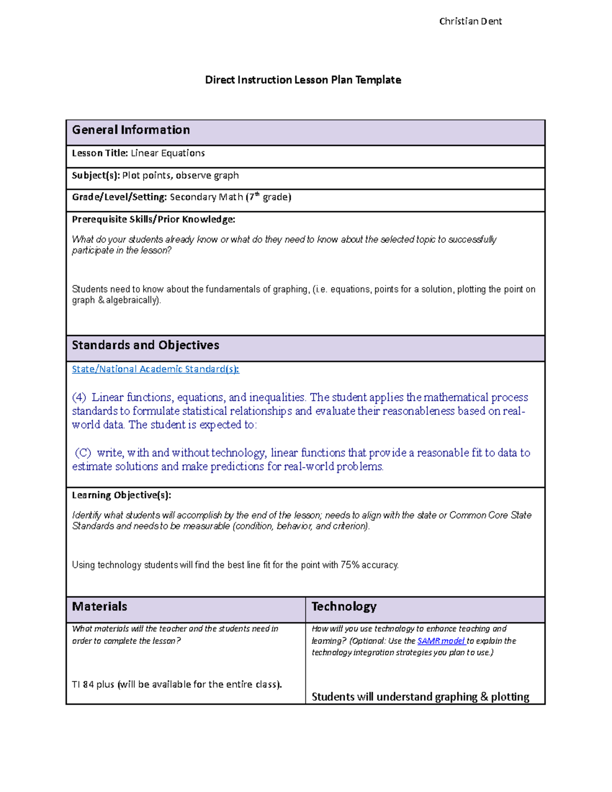 Task 2: Linear Equations Lesson Plan for Secondary Math - Studocu