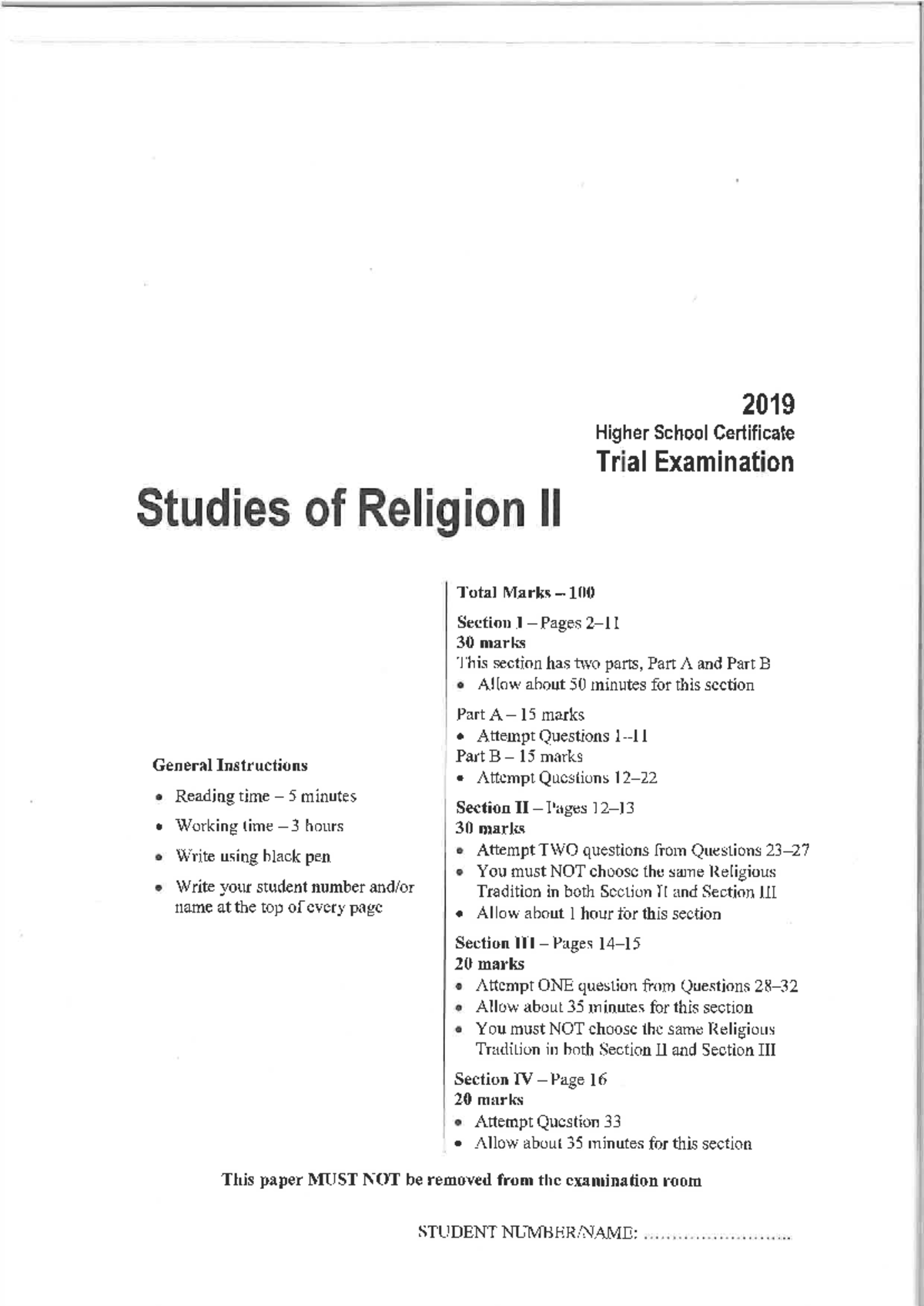 2019 HSC Trial Exam: Studies of Religion II - Total Marks 100 - Studocu