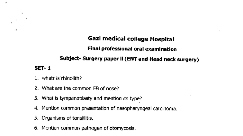 Gazi Medical College Hospital Final Exam Surgery Paper II (ENT & Head ...