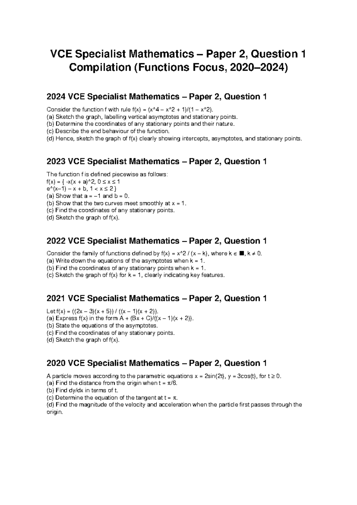 VCE Specialist Mathematics Paper 2: Question 1 Compilation (2020-2024 ...