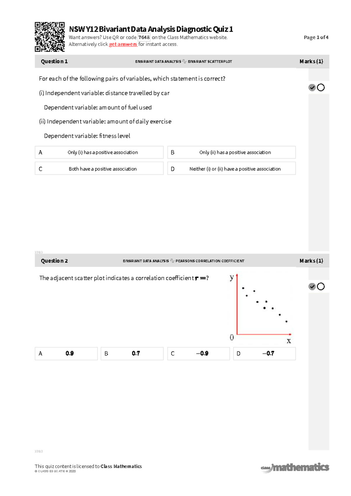 NSW Y12 Bivariate Data Analysis Diagnostic Quiz 1 Practice Questions ...