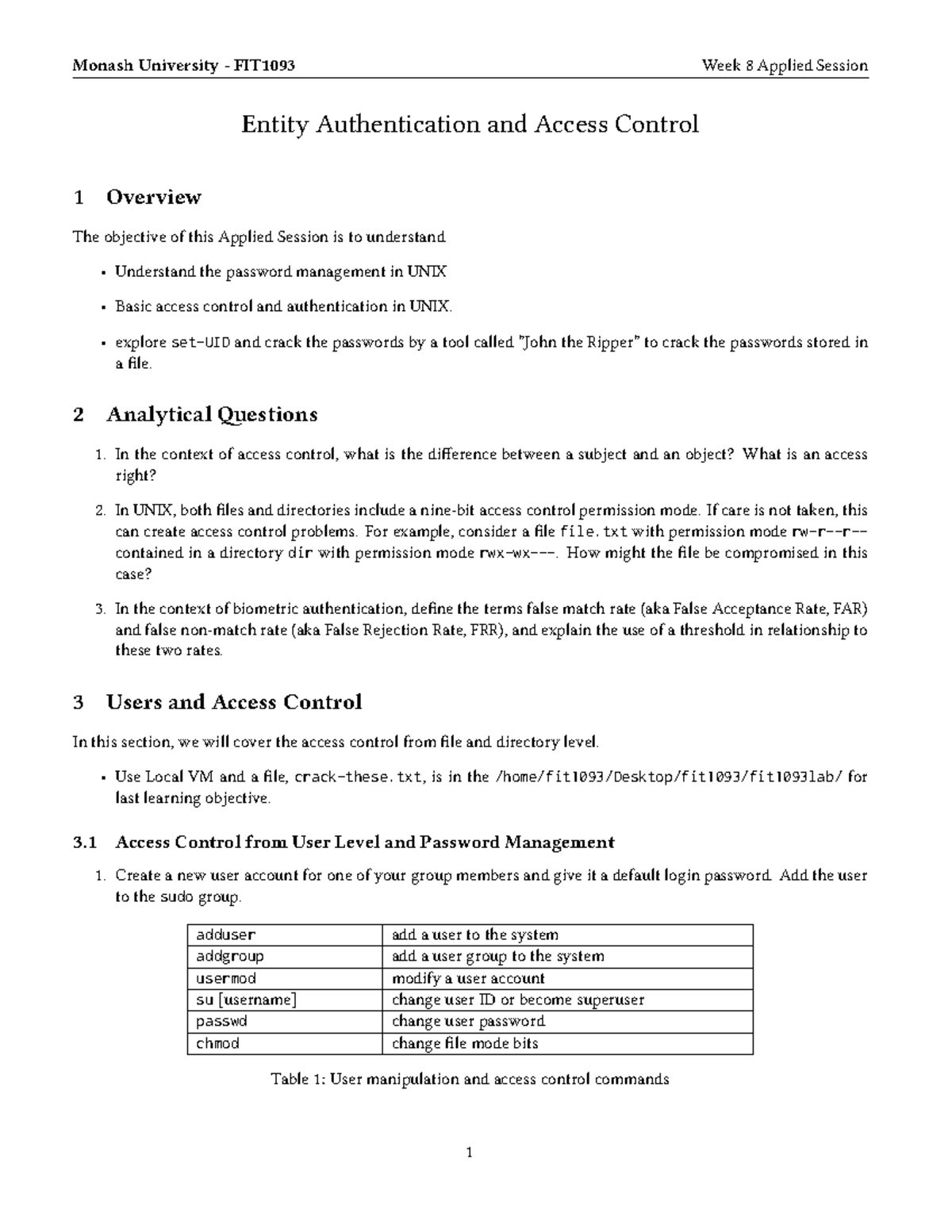 Monash University FIT1093 Week 8 Applied Session: Entity Auth & Access ...