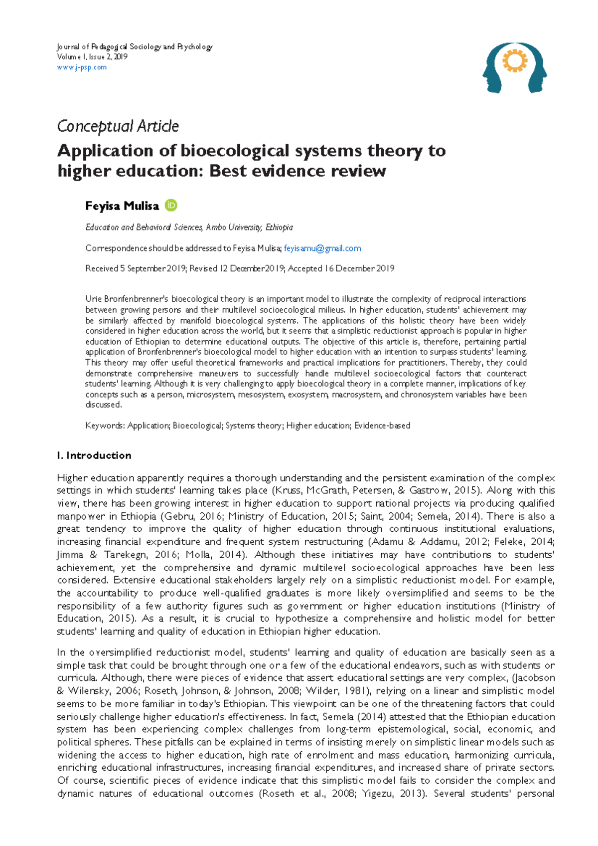 Application of bioecological systems theory to higher education best ...