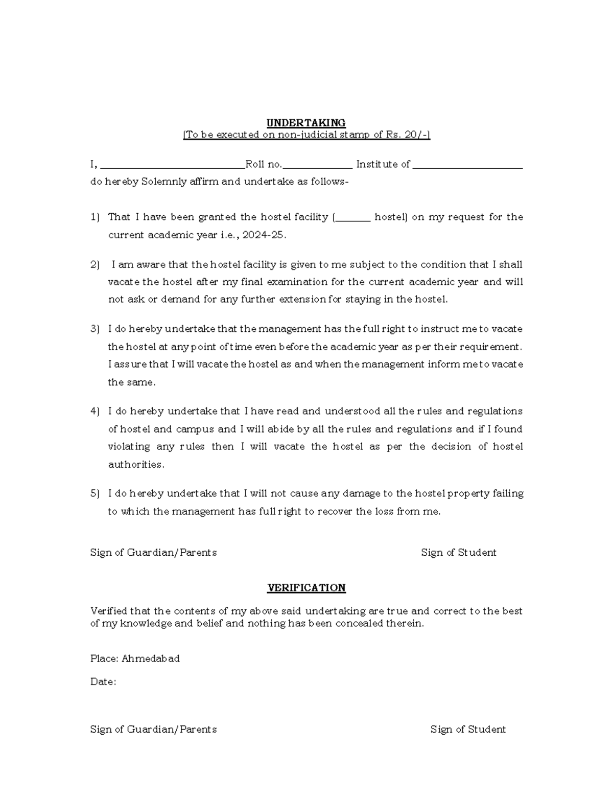 Hostel Undertaking Agreement - Academic Year 2023-24 - Studocu