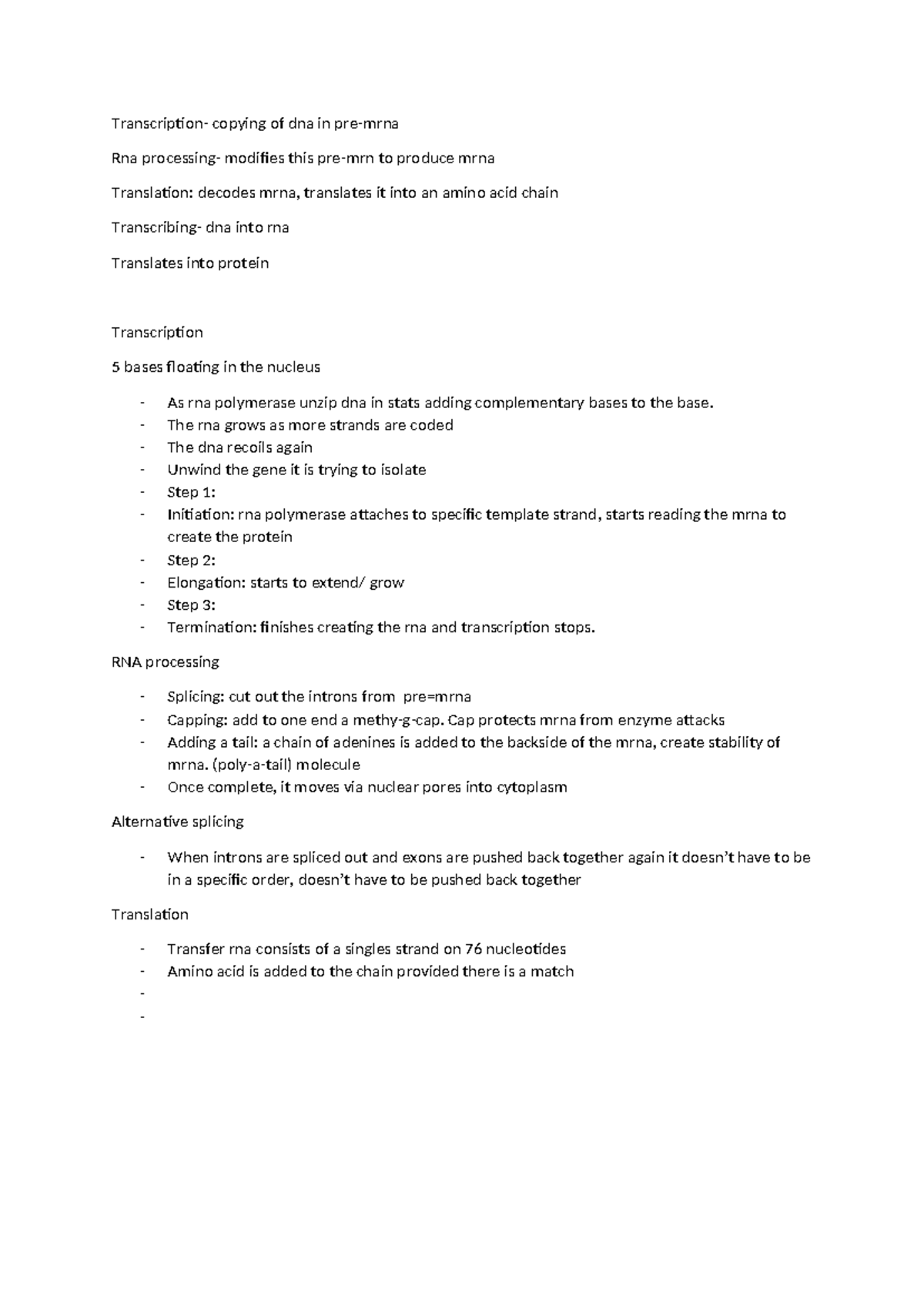 DNA to RNA Transcription & mRNA Translation Notes (Bio 101) - Studocu