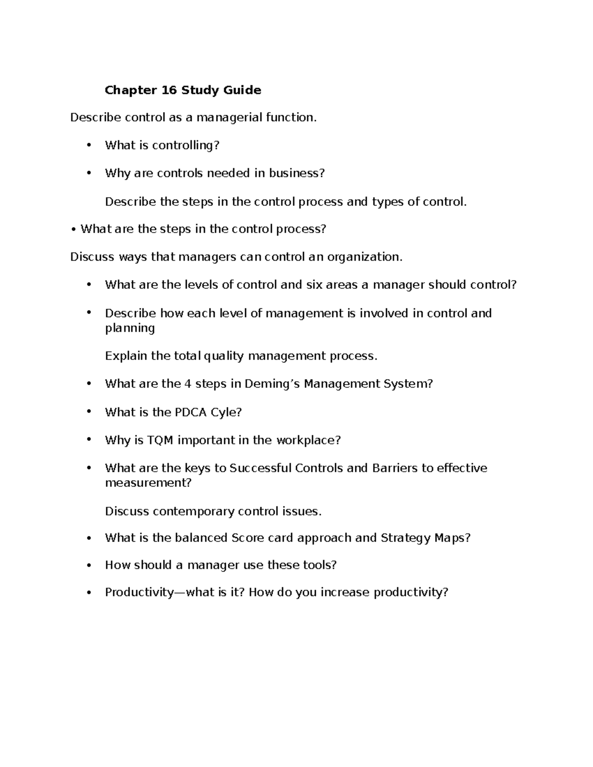 Chapter 16 Study Guide MGMT - Chapter 16 Study Guide Describe control ...