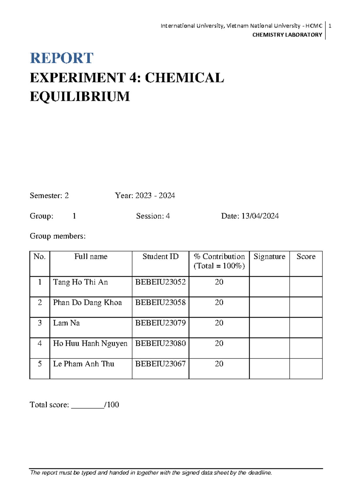 Chem lab (Report 4) - hih - CHEMISTRY LABORATORY REPORT EXPERIMENT 4 ...