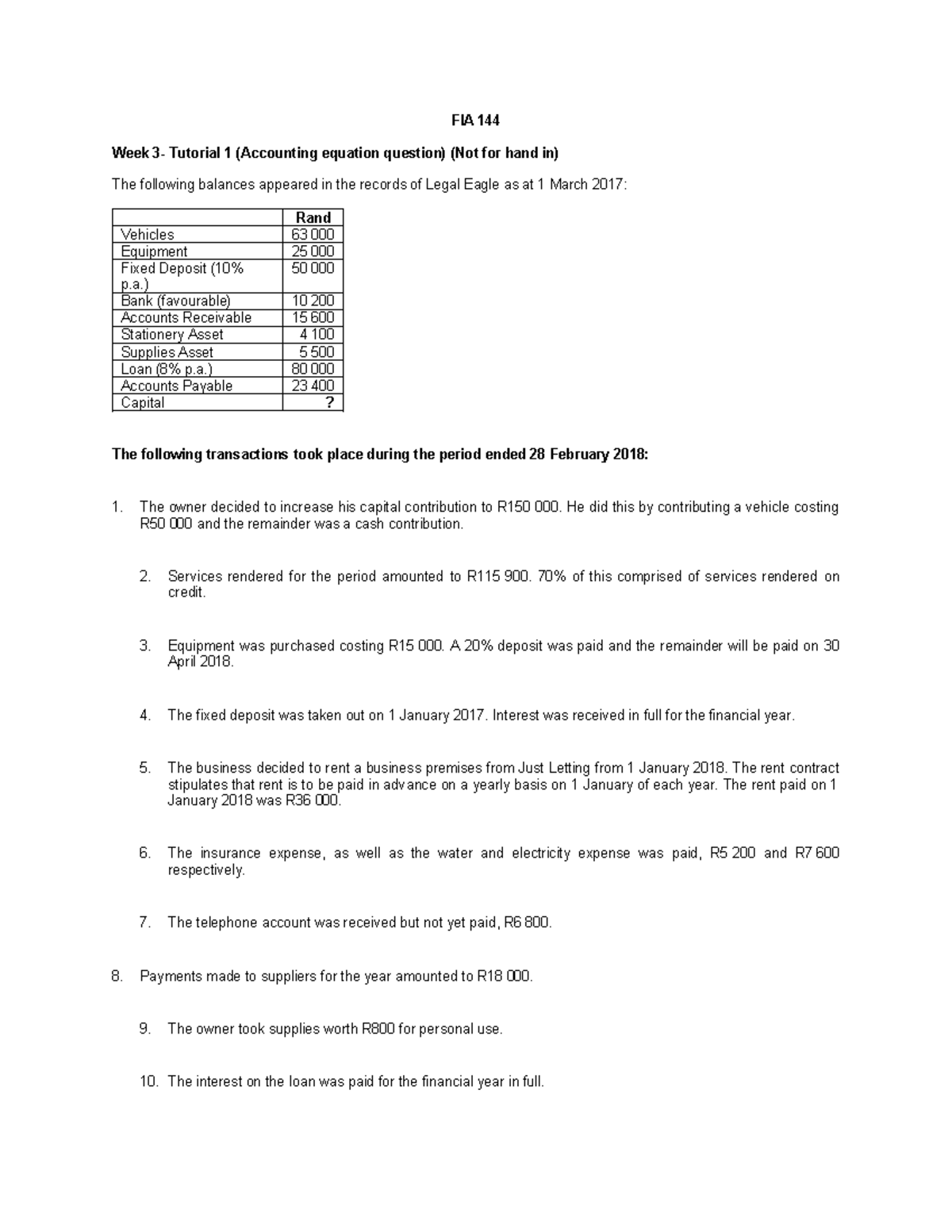 Tutorial Question 1 - FIA 144 Week 3- Tutorial 1 (Accounting equation ...