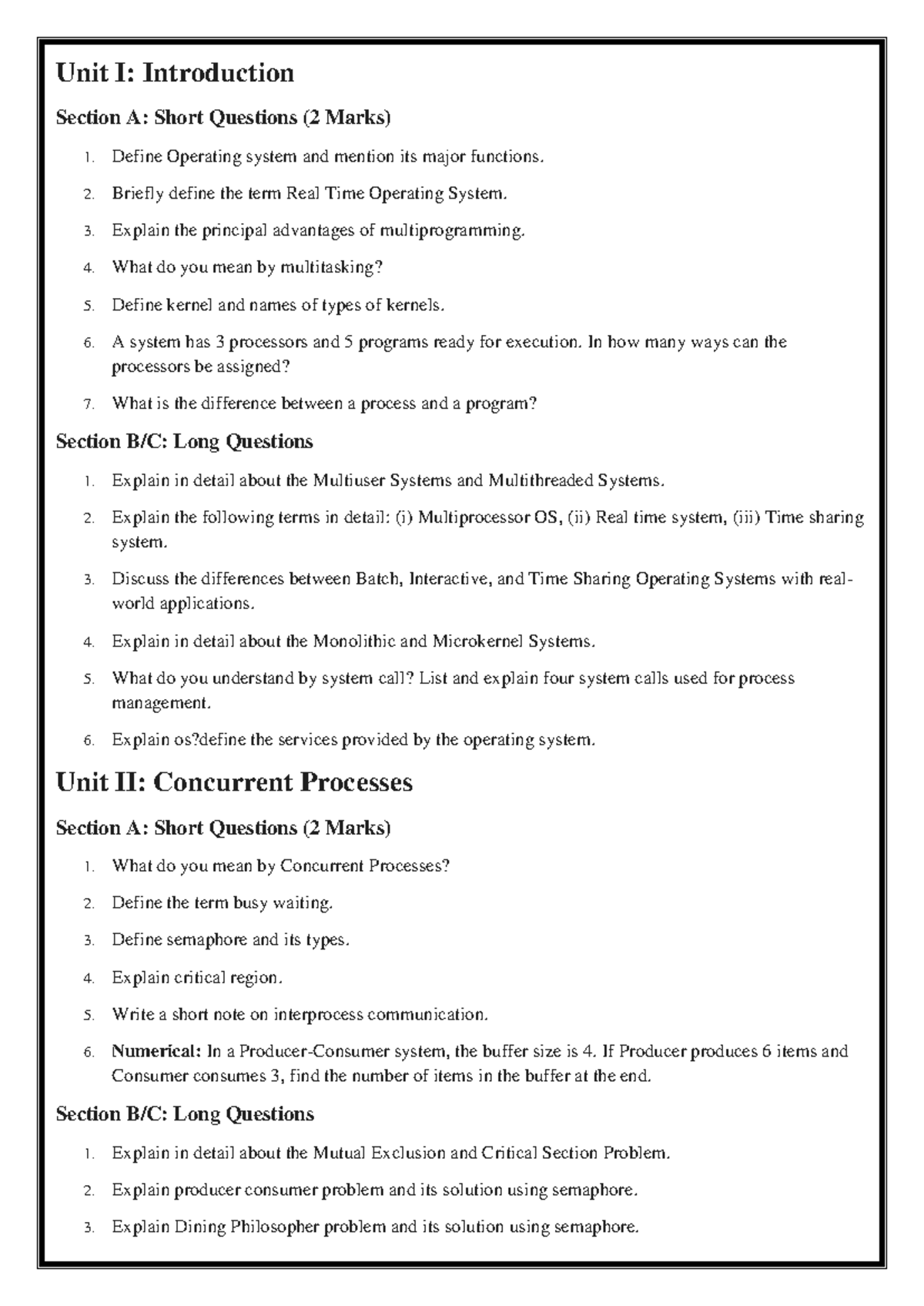 OS PYQ: Unit-wise Previous Year Questions on Operating Systems - Studocu