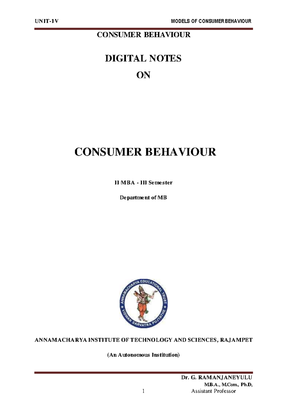 MBA II Semester: Unit 4 - Models of Consumer Behaviour Notes - Studocu