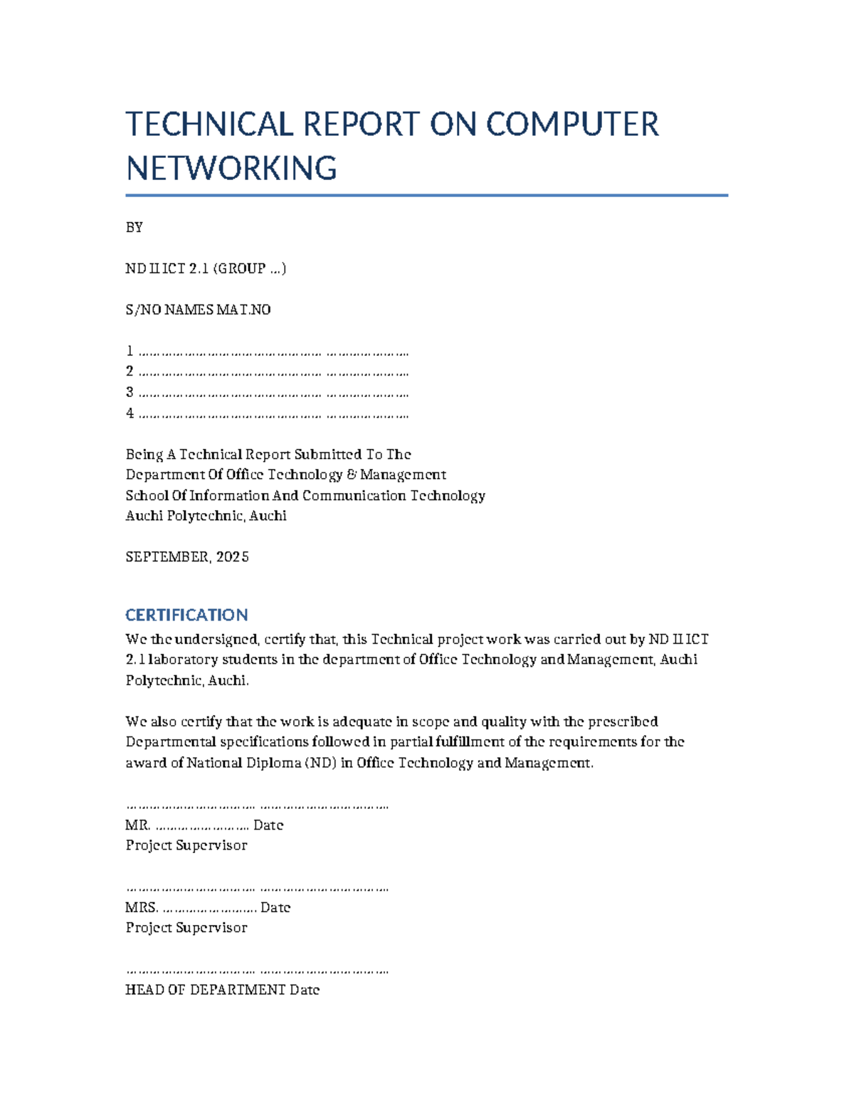 Technical Report on Computer Networking ND II ICT 2.1 - Studocu