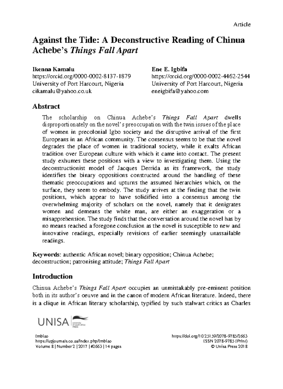 MH2663 Final Exam Analysis of Chinua Achebe's Things Fall Apart - Studocu