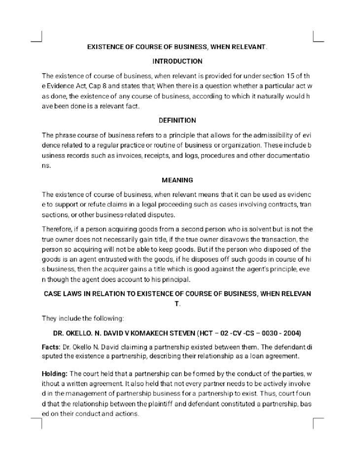 Existence of Course of Business: Legal Relevance & Case Analysis - Studocu
