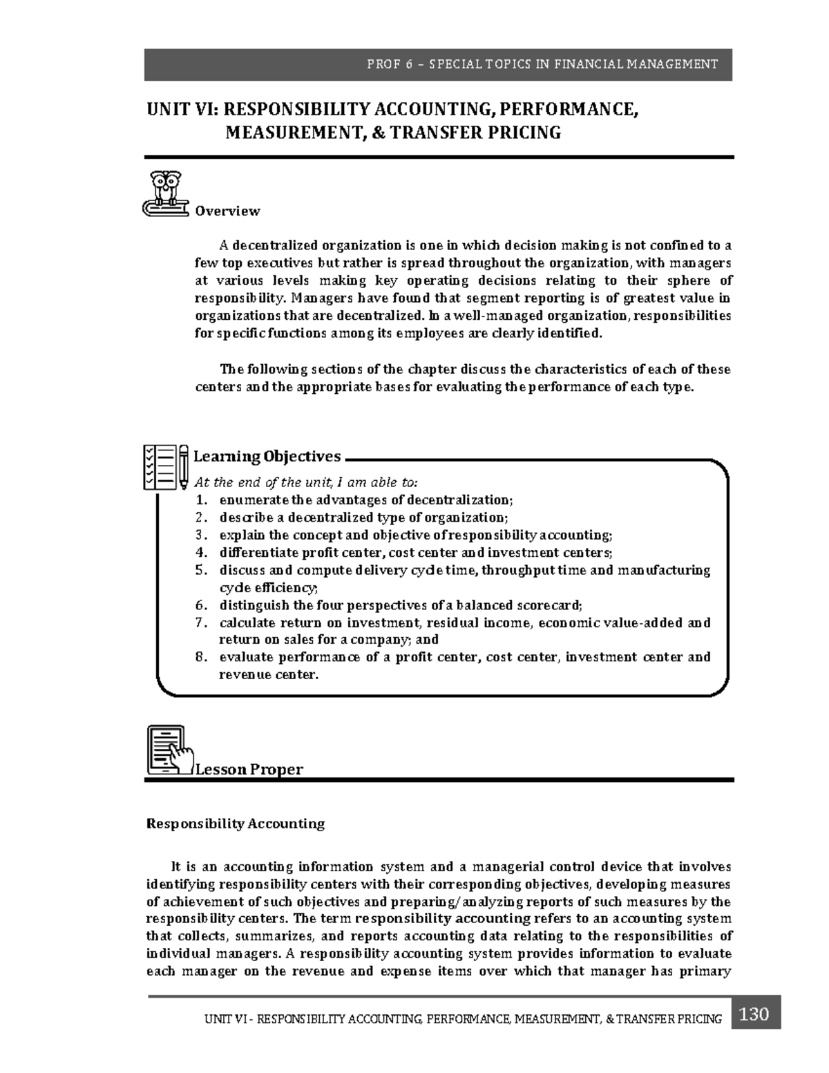 Unit VI -Responsibility Accounting - UNIT VI: RESPONSIBILITY ACCOUNTING ...