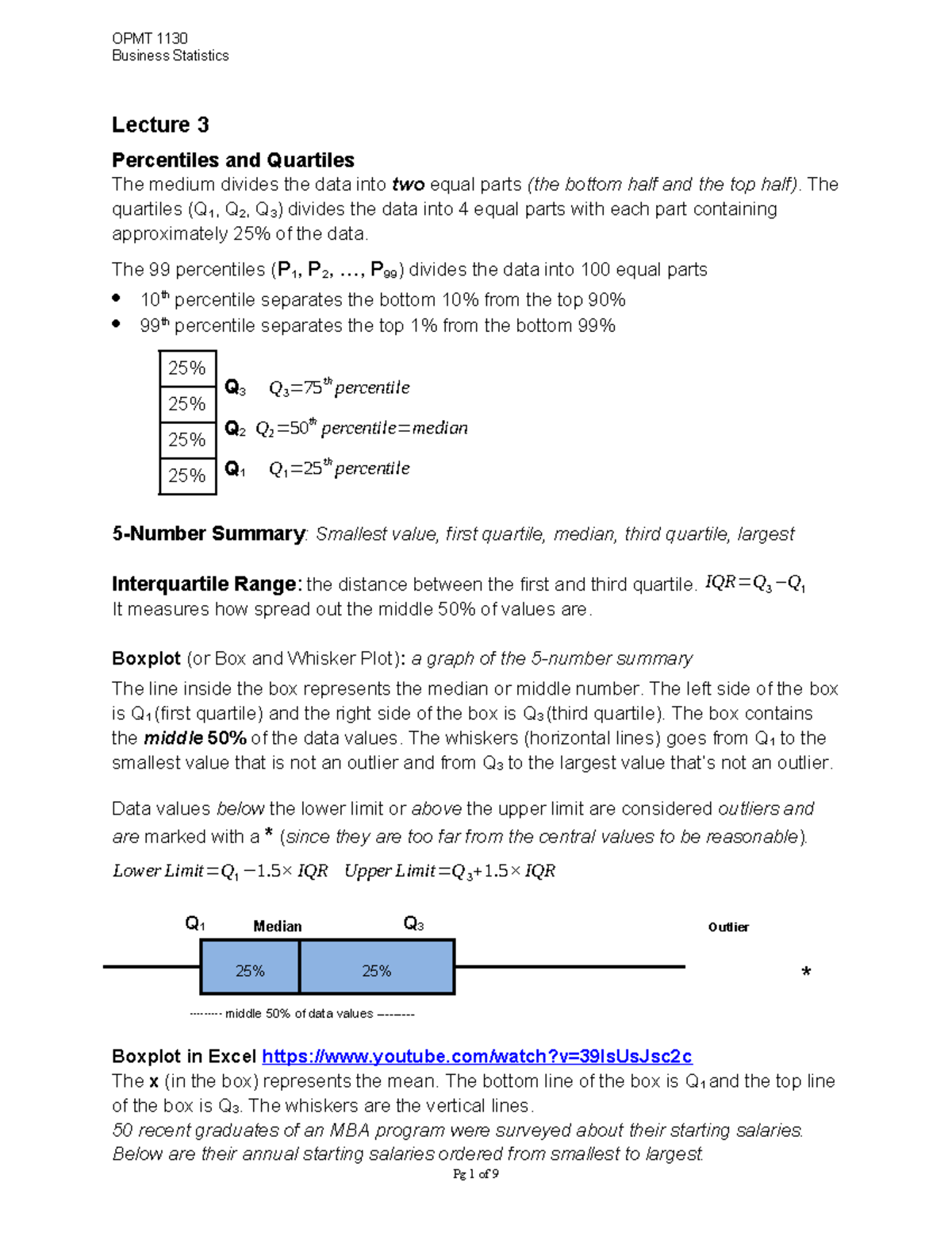 Lecture 3 - Copy - notes - Business Statistics Lecture 3 Percentiles ...